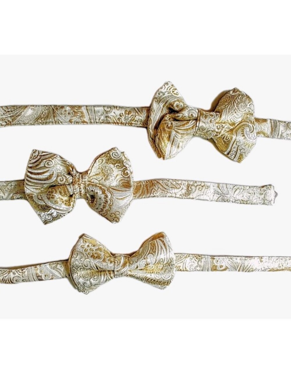 (3) Handmade Bowties. Silk Brocade. 4"x3" Ivory/Gold. Wedding Party! Proms, A5.